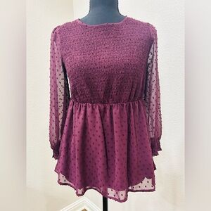 Plum Jewel Tone Swiss Dot Smocked Babydoll Blouse Boho Romantic